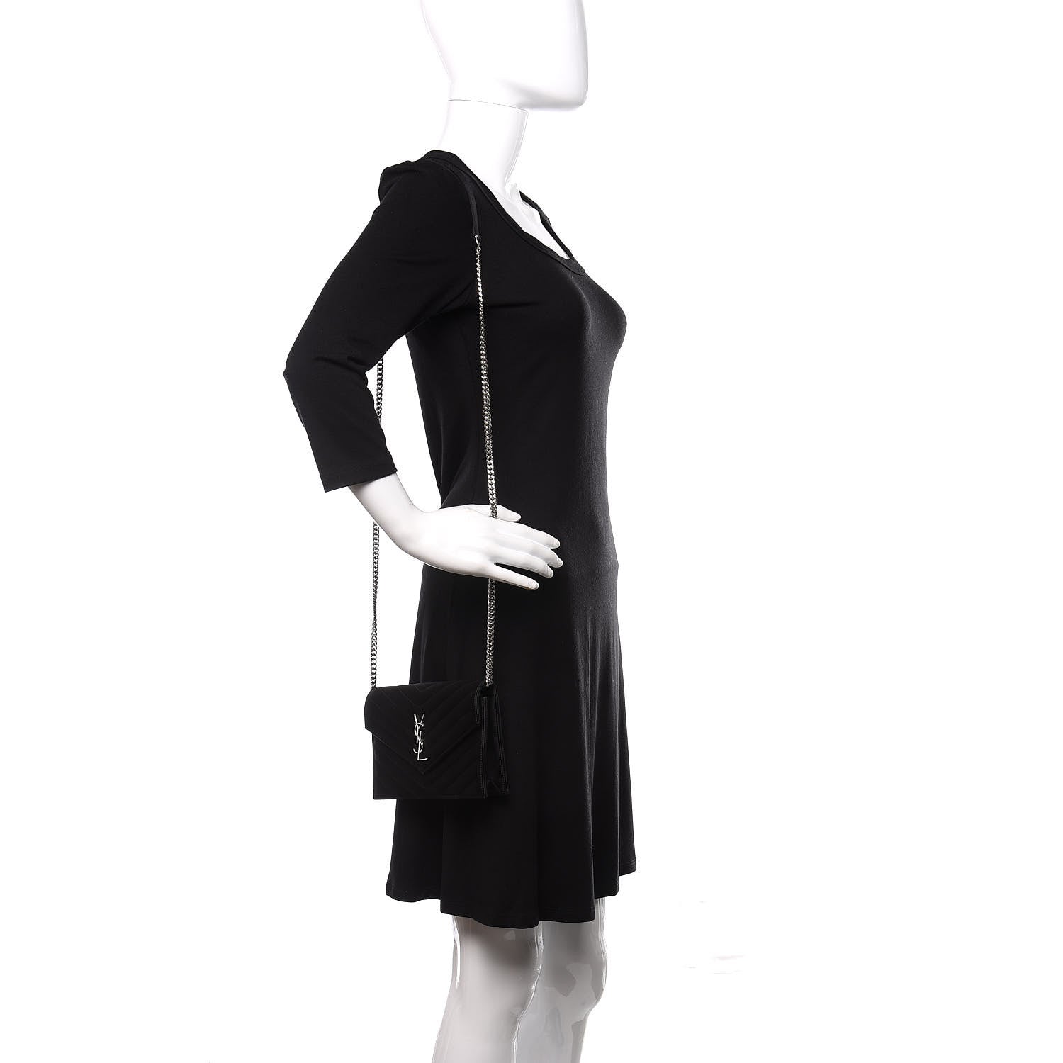 Saint Laurent Satin Chevron Monogram Envelope Chain Wallet Black 2 of 13