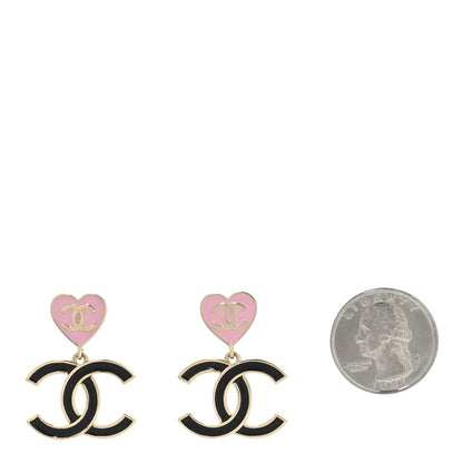 Chanel Metal Enamel CC Heart Drop Earrings Gold Black Pink 2 of 4