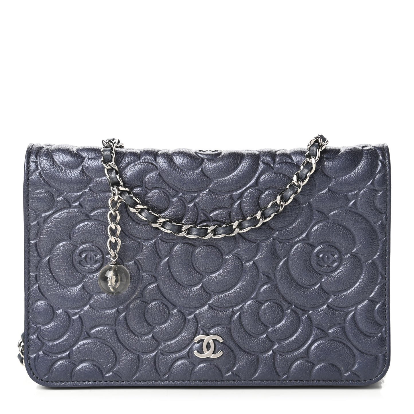 Goatskin Camellia Embossed Wallet On Chain WOC Blue