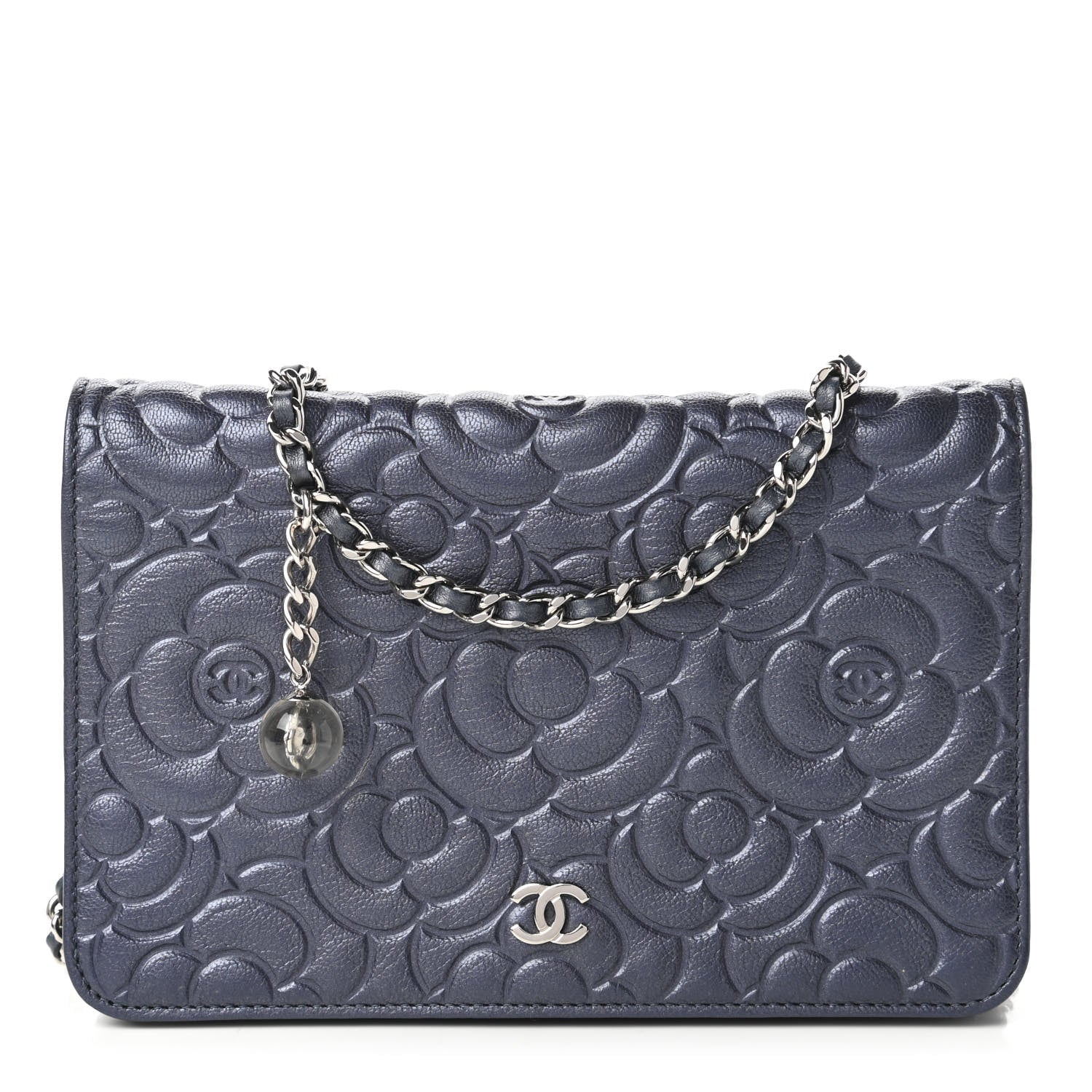 Chanel Goatskin Camellia Embossed Wallet On Chain WOC Blue 1 of 12