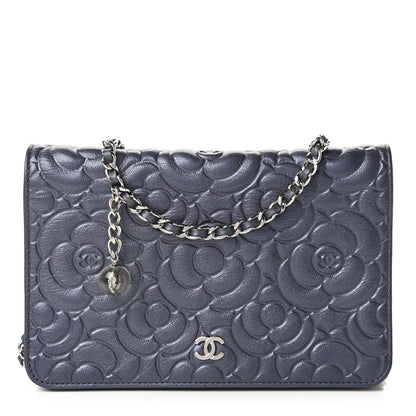Chanel Goatskin Camellia Embossed Wallet On Chain WOC Blue 1 of 12