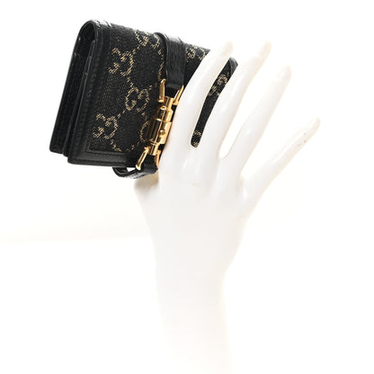 Gucci Jacquard Black Denim GG Monogram Textured Dollar Calfskin Jackie 1961 Card Case Black Ivory 2 of 7