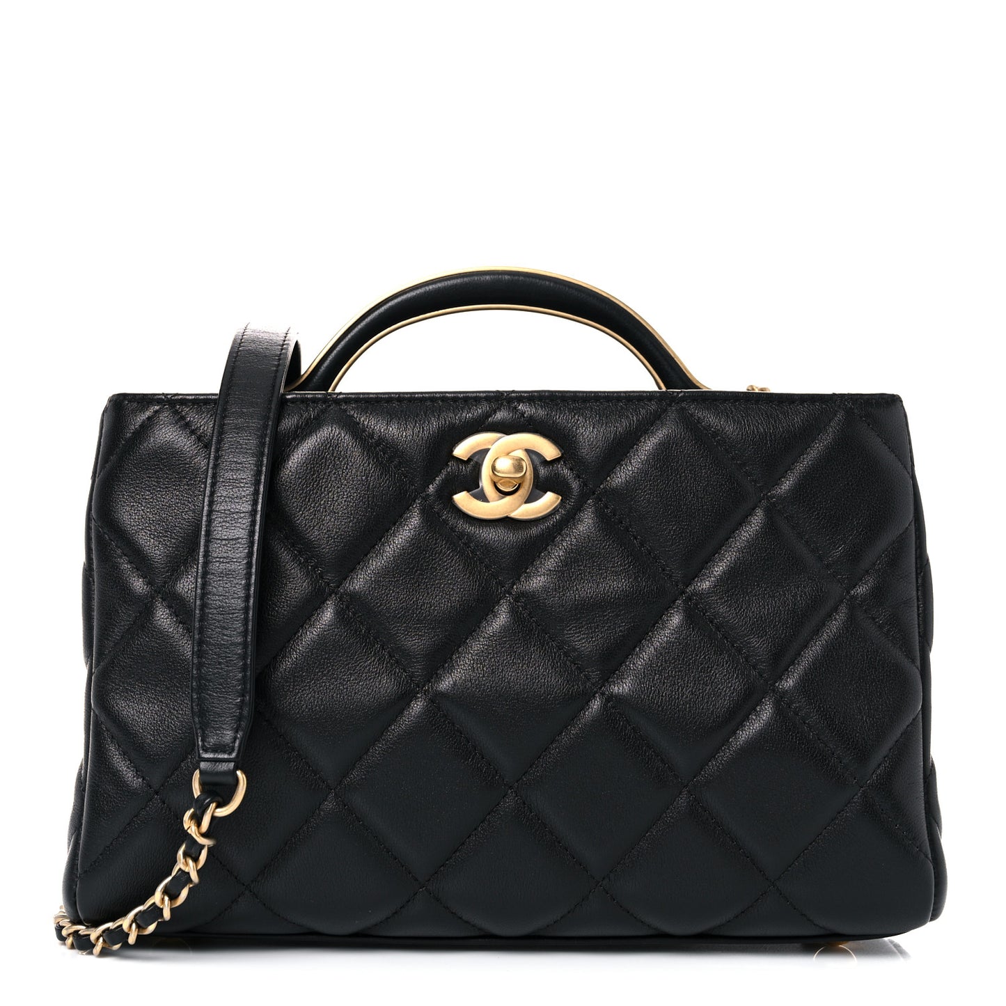 Calfskin Quilted Lady Handle Clutch Tote Black