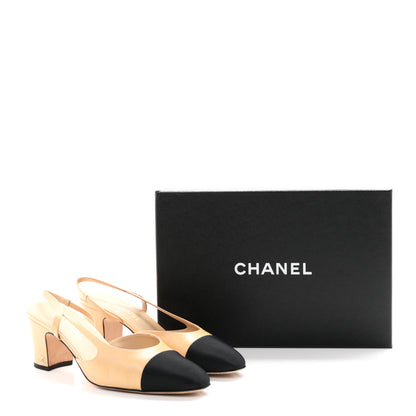 Chanel Goatskin Grosgrain Cap Toe CC Slingback Pumps 40 Beige Black 10 of 10