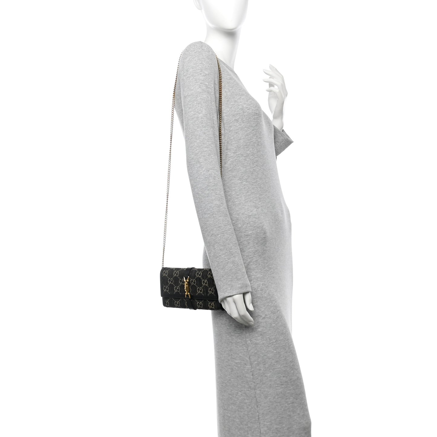 Jacquard Black Denim GG Monogram Textured Dollar Calfskin Jackie 1961 Chain Wallet Black Ivory