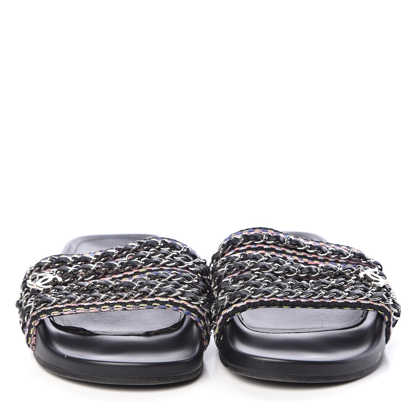 Tweed Lambskin Chain Flat Sandals 38 Black Multicolor