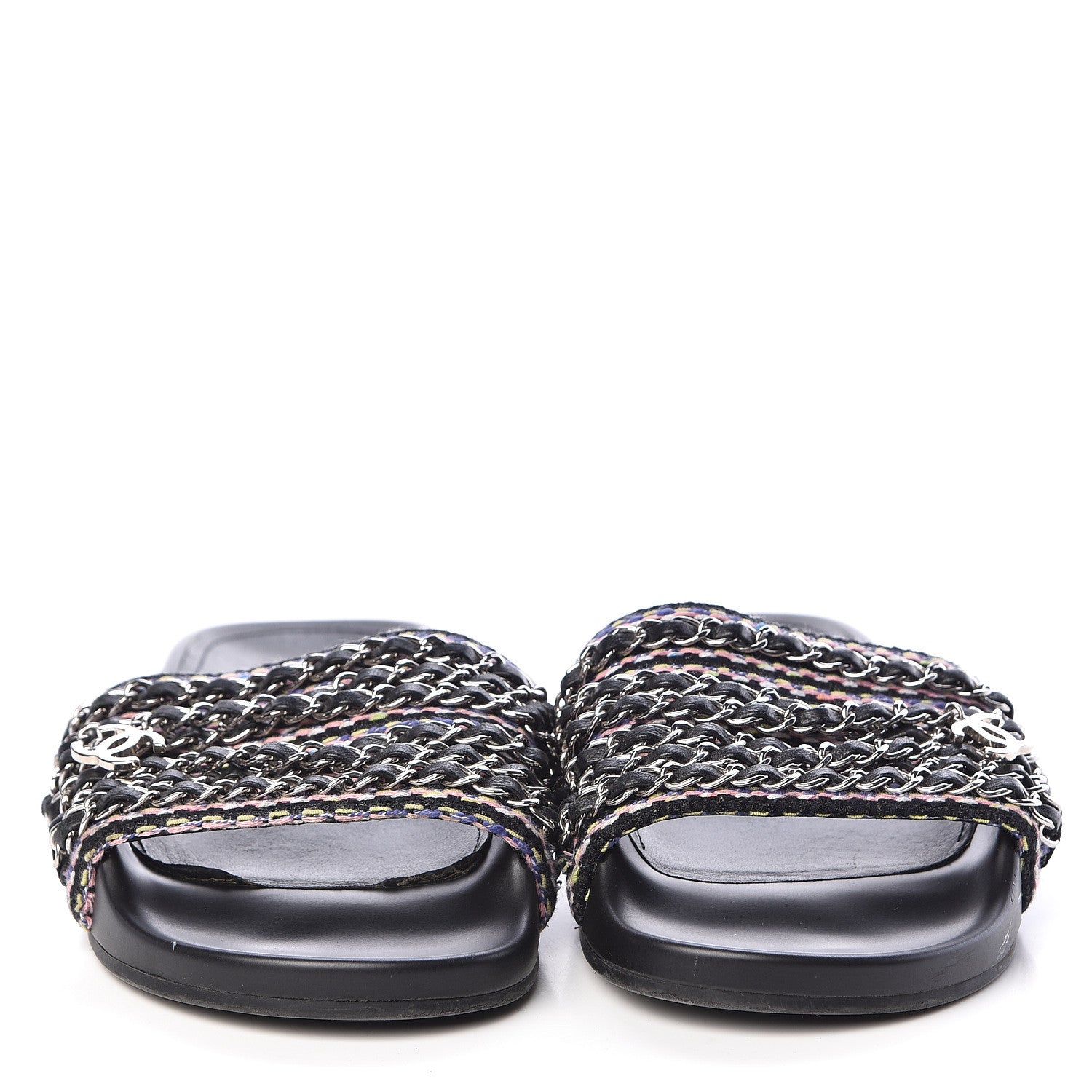 Chanel Tweed Lambskin Chain Flat Sandals 38 Black Multicolor 2 of 11