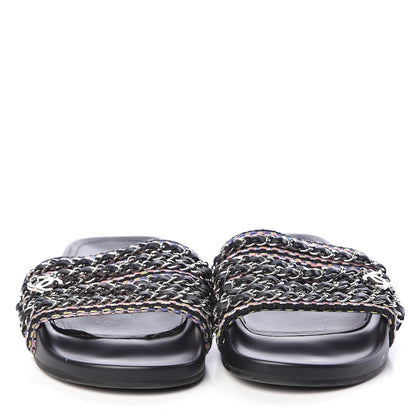 Chanel Tweed Lambskin Chain Flat Sandals 38 Black Multicolor 2 of 11
