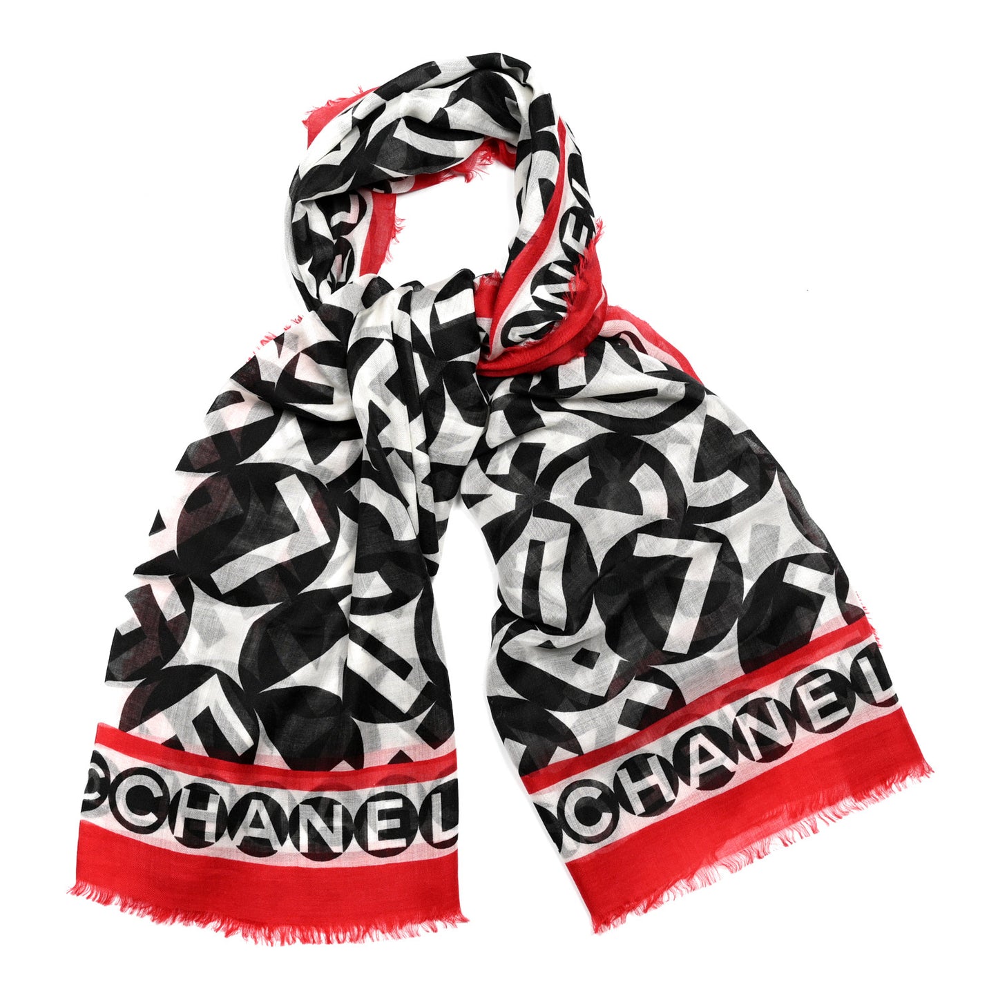 Cashmere Silk CC Logo Fringe Scarf White Black Red