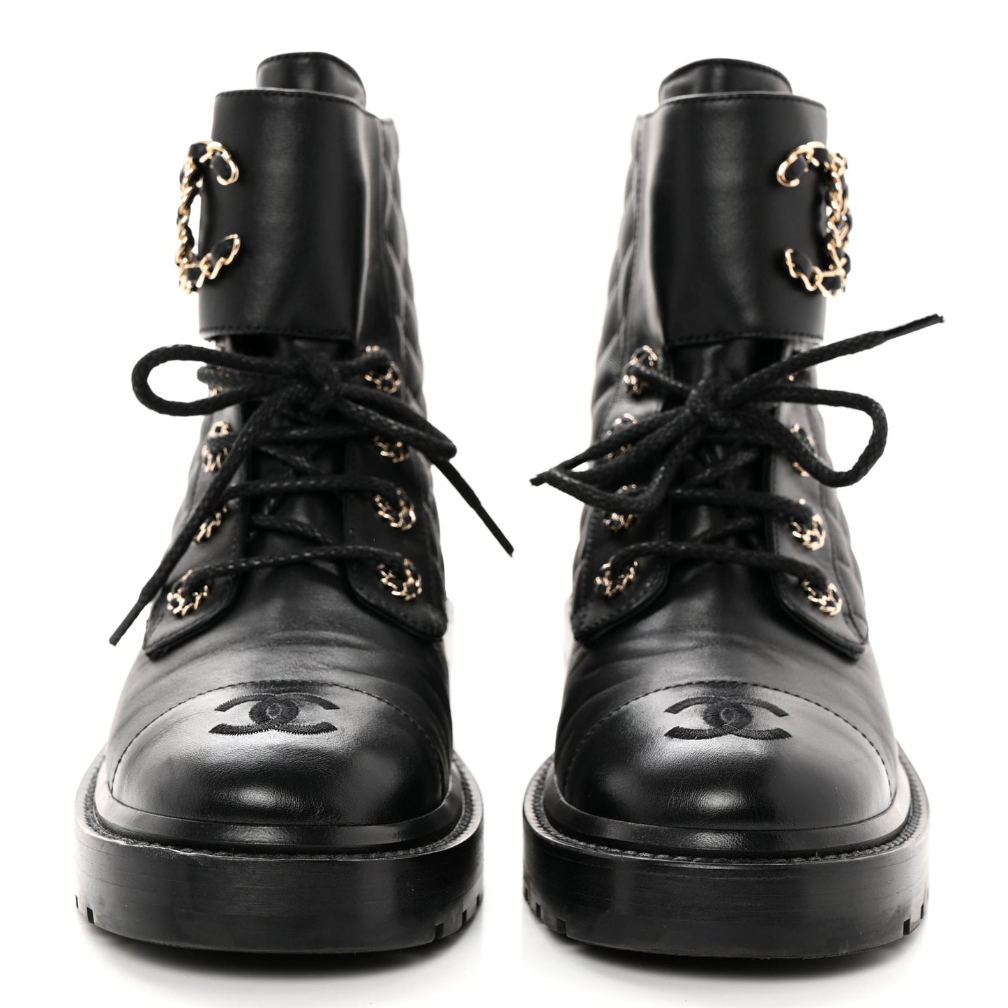Shiny Lambskin Quilted Lace Up Combat Boots 37 Black