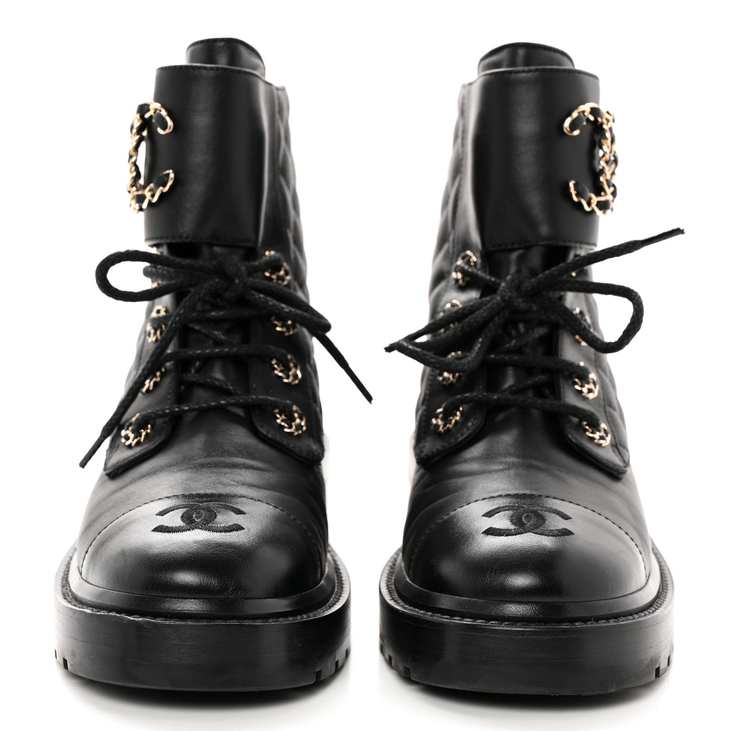 Chanel Shiny Lambskin Quilted Lace Up Combat Boots 37 Black 2 of 12
