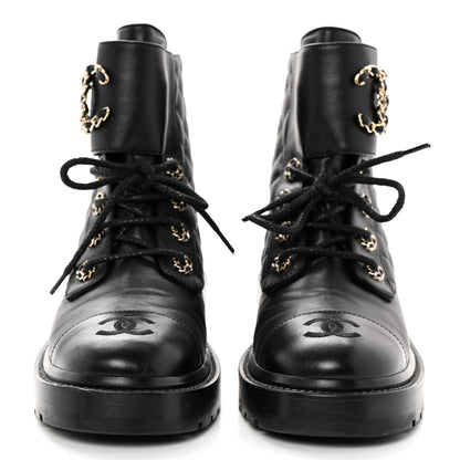 Chanel Shiny Lambskin Quilted Lace Up Combat Boots 37 Black 2 of 12