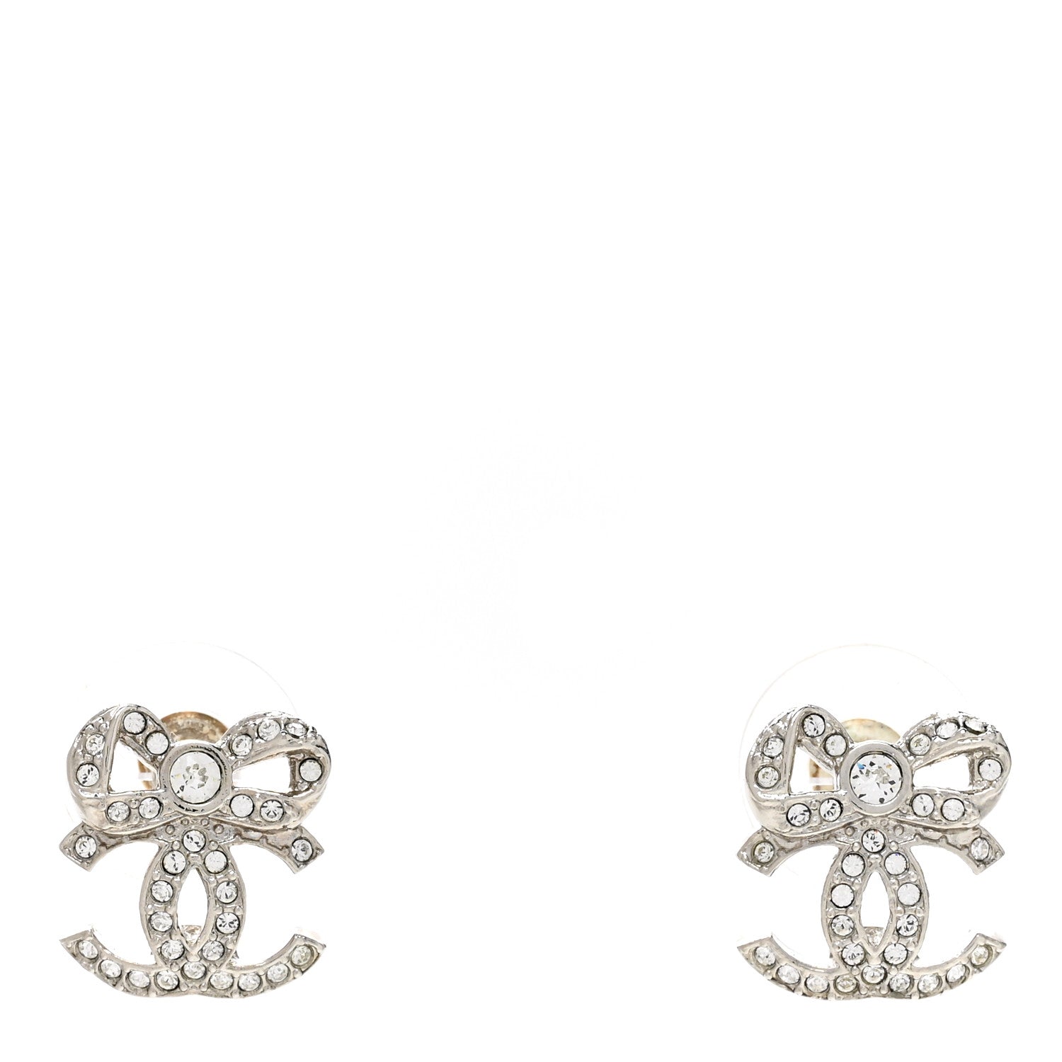 Chanel Crystal CC Bow Dangle Earrings Silver 1 of 4
