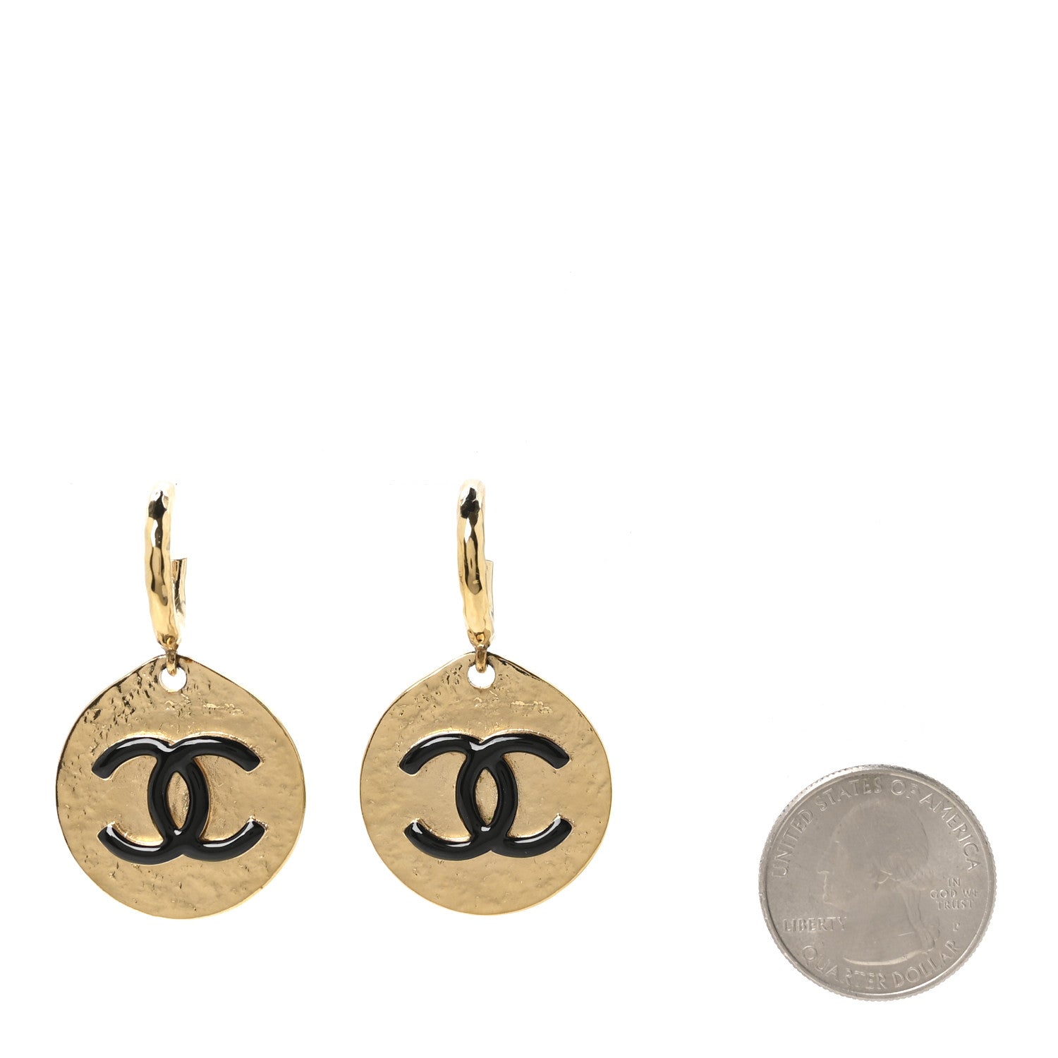 Chanel Enamel CC Disc Drop Hoop Earrings Gold Black 2 of 5