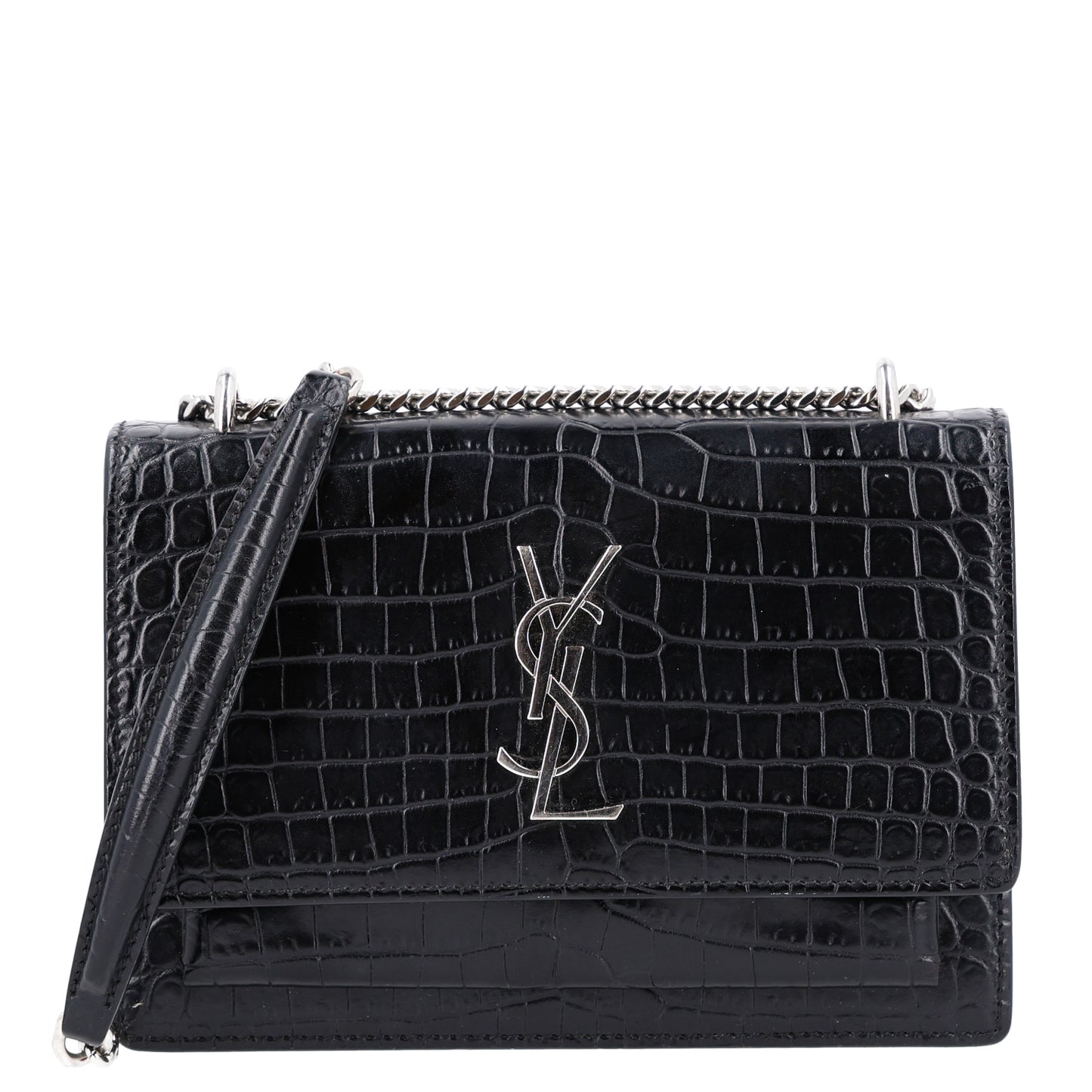 Calfskin Crocodile Embossed Monogram Sunset Chain Wallet Black
