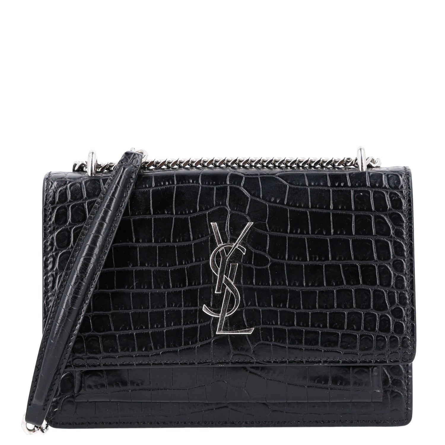 Saint Laurent Calfskin Crocodile Embossed Monogram Sunset Chain Wallet Black 1 of 11