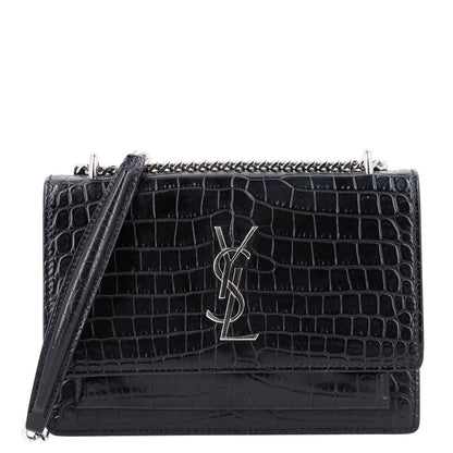 Saint Laurent Calfskin Crocodile Embossed Monogram Sunset Chain Wallet Black 1 of 11