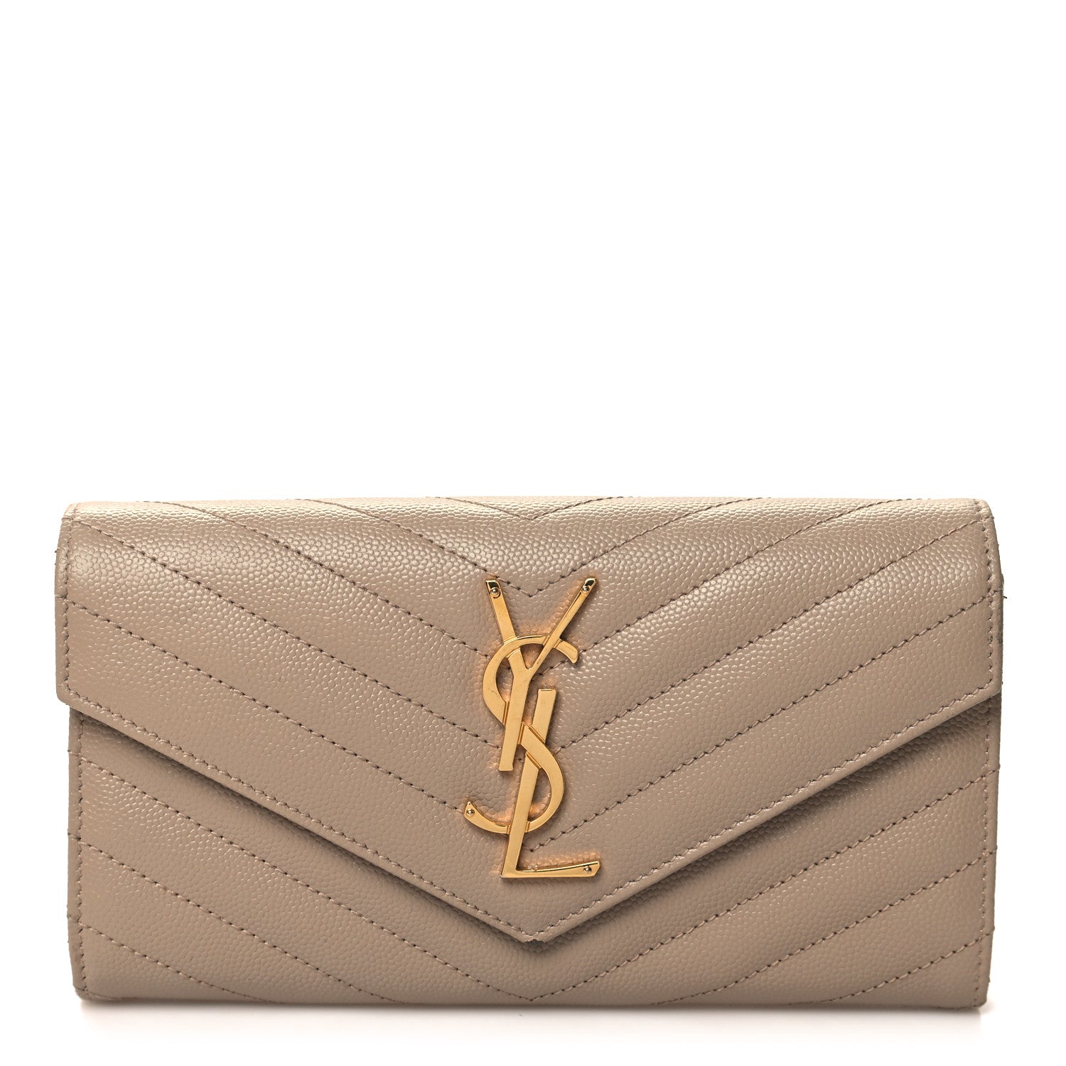 Saint Laurent Grain De Poudre Matelasse Chevron Monogram Flap Wallet Dark Beige 1 of 12
