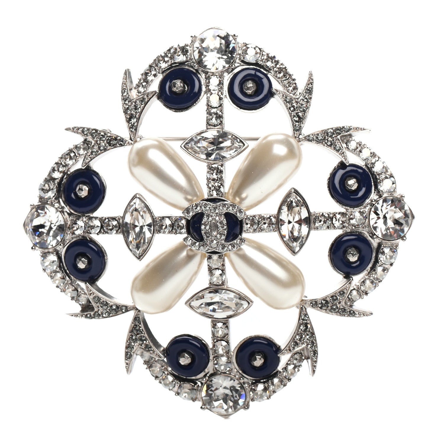 Chanel Pearl Crystal Enamel CC Brooch Silver Blue 1 of 4