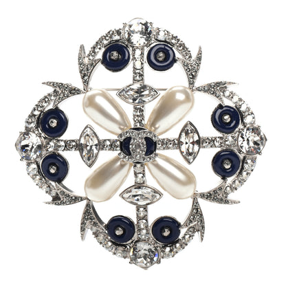 Chanel Pearl Crystal Enamel CC Brooch Silver Blue 1 of 4