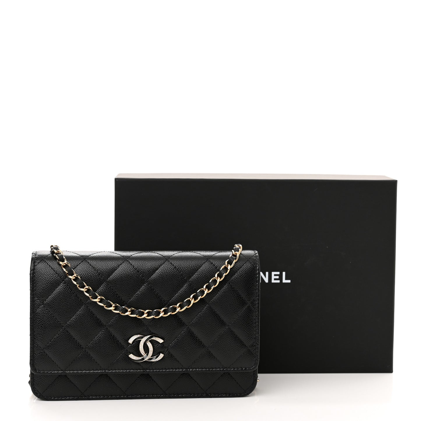 Caviar Quilted Crystal Enamel CC Wallet On Chain WOC Black