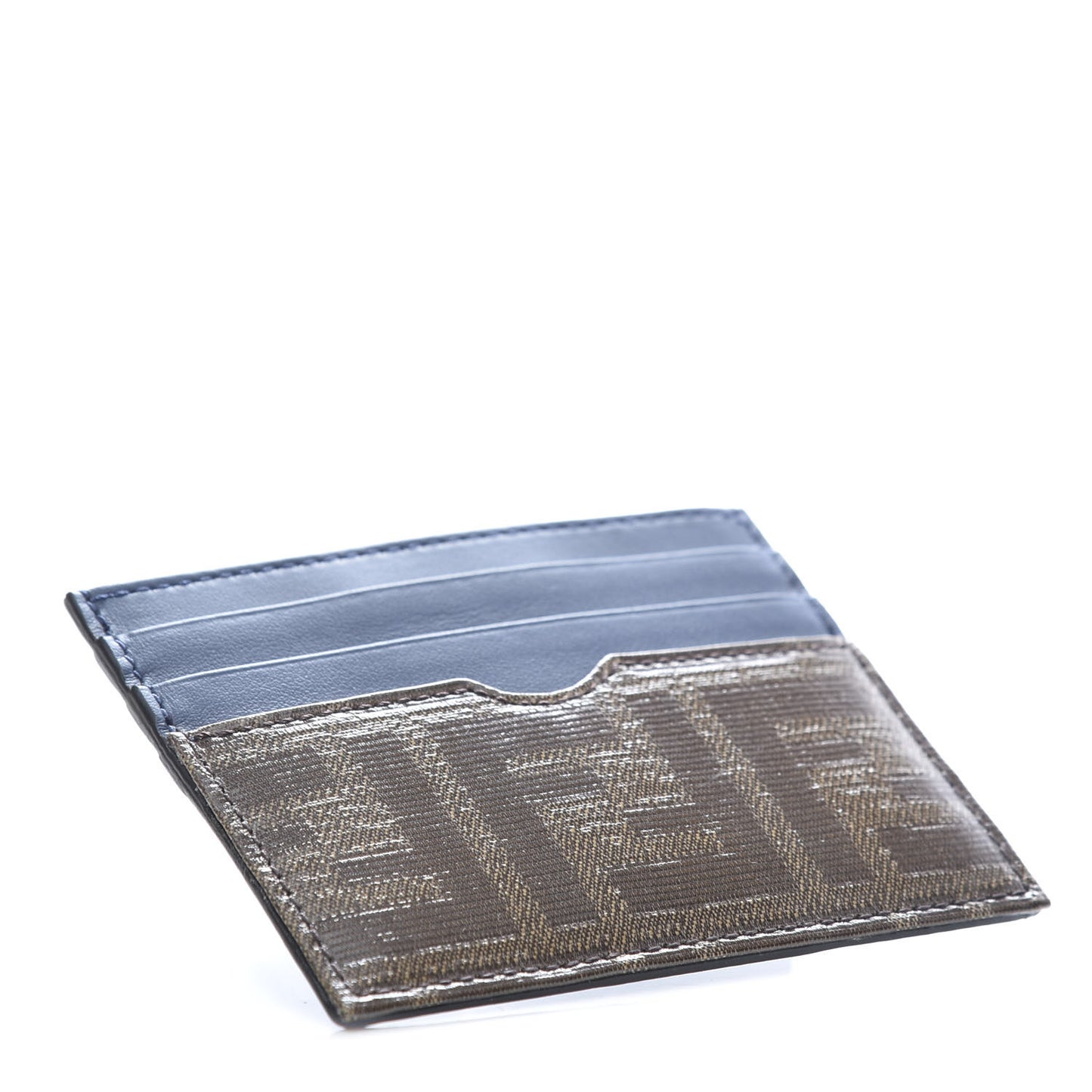 Vitello Century Glazed Fabric FF 1974 Card Holder Blu Scuro Mogano Panna