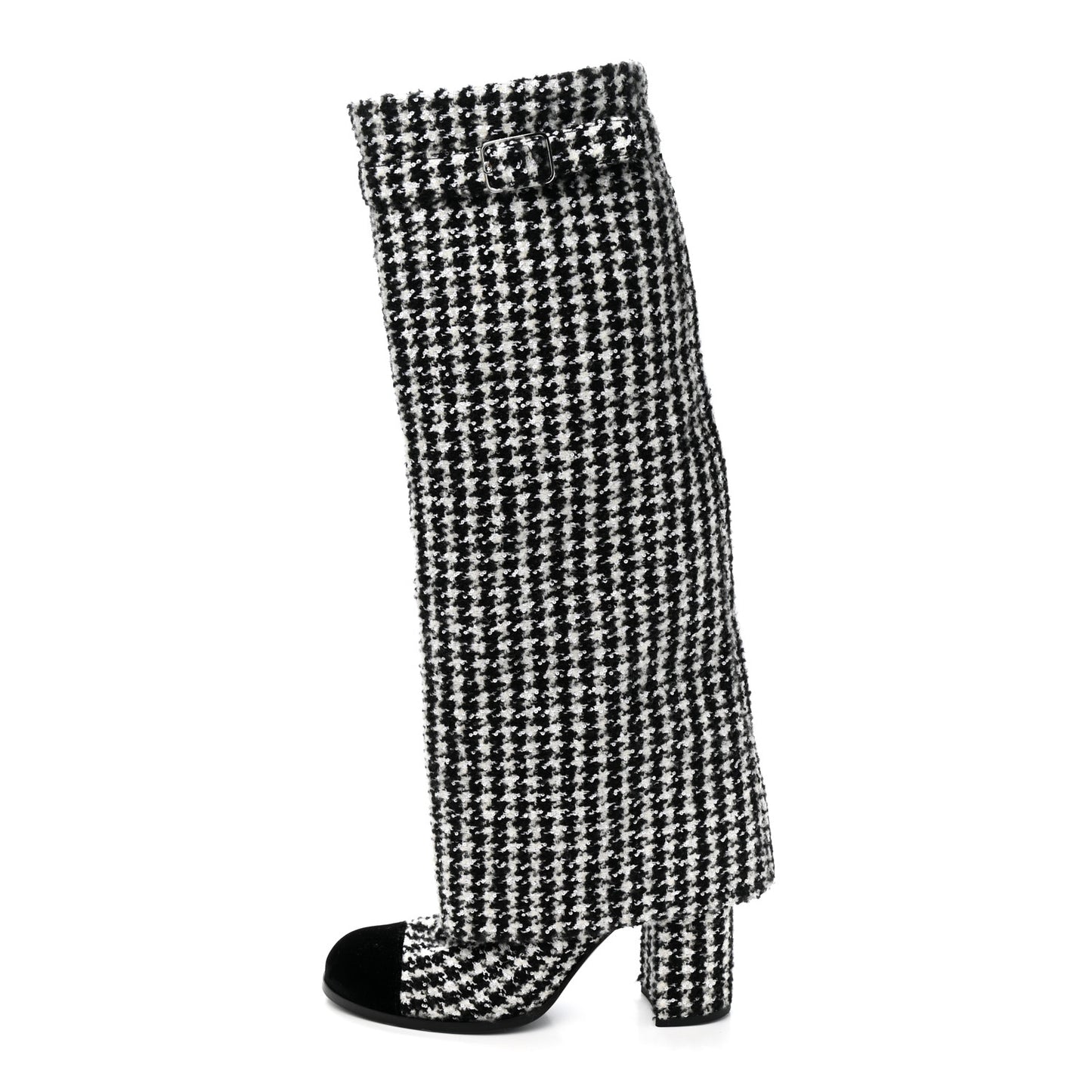 Tweed Sequin Velvet Cap Toe Fold Over High Boots 38.5 White Black
