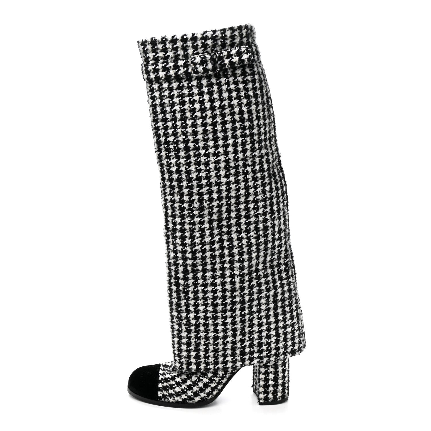 Chanel Tweed Sequin Velvet Cap Toe Fold Over High Boots 38.5 White Black 1 of 9