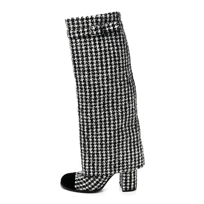 Chanel Tweed Sequin Velvet Cap Toe Fold Over High Boots 38.5 White Black 1 of 9
