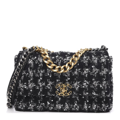 Chanel Tweed Quilted Large 19 Flap Black Ecru White 1 of 10