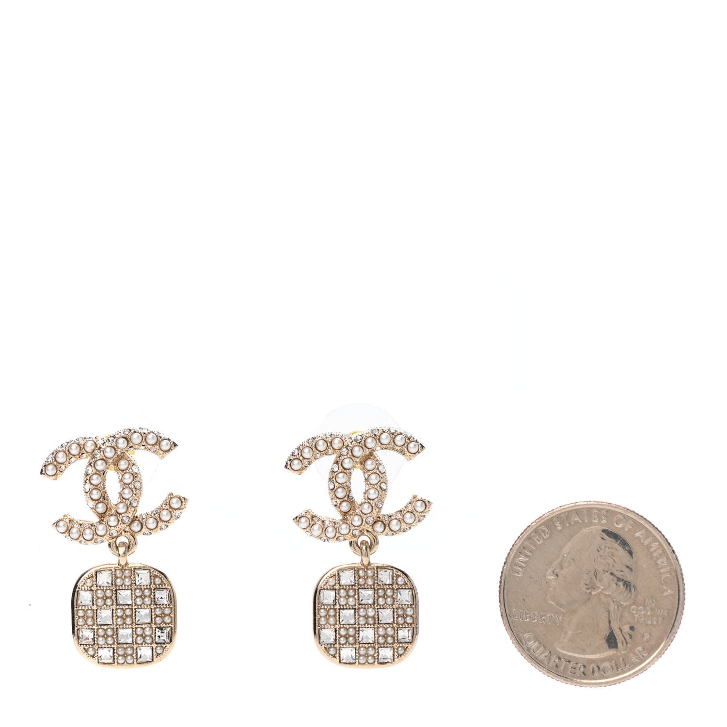 Chanel Pearl Baguette Crystal CC Drop Earrings Gold 2 of 4