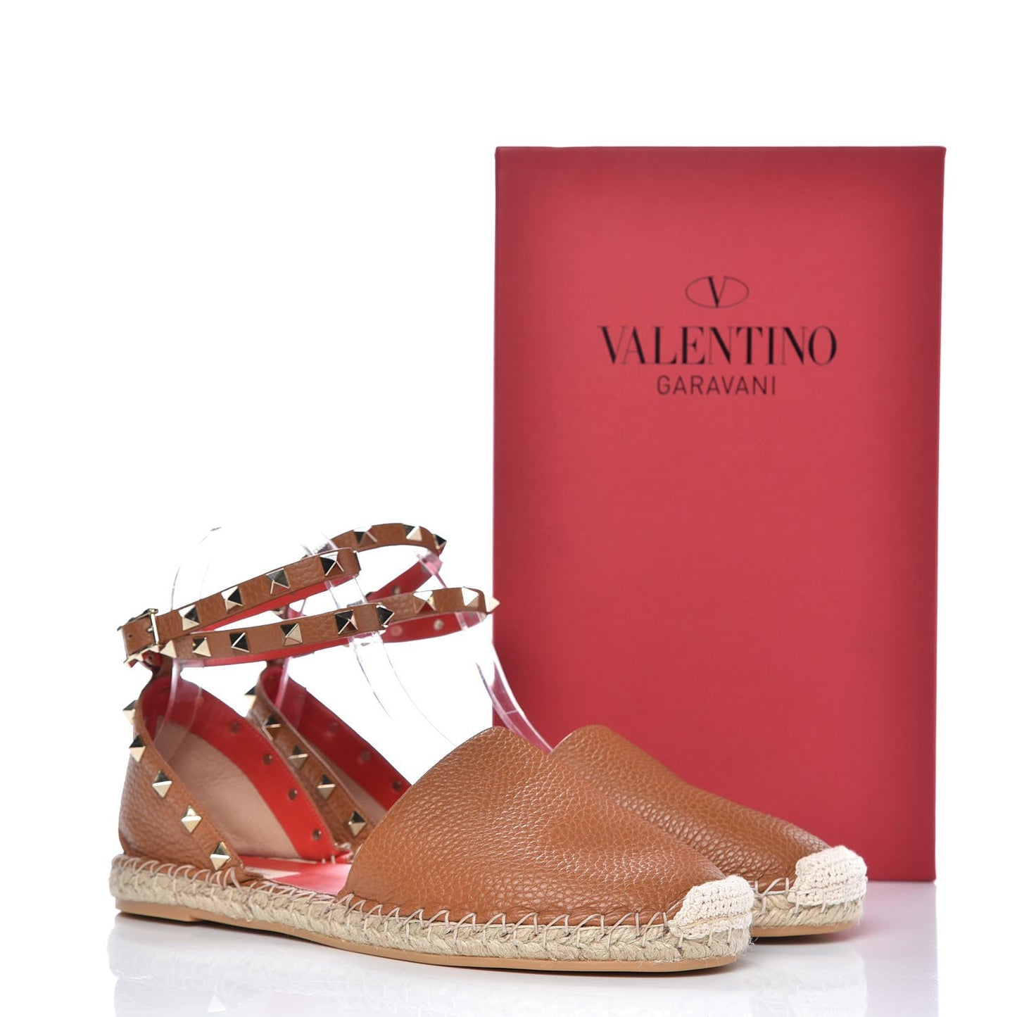Grained Calfskin Rockstud Ankle Wrap Espadrille 20mm Flats 40 Light Cuir