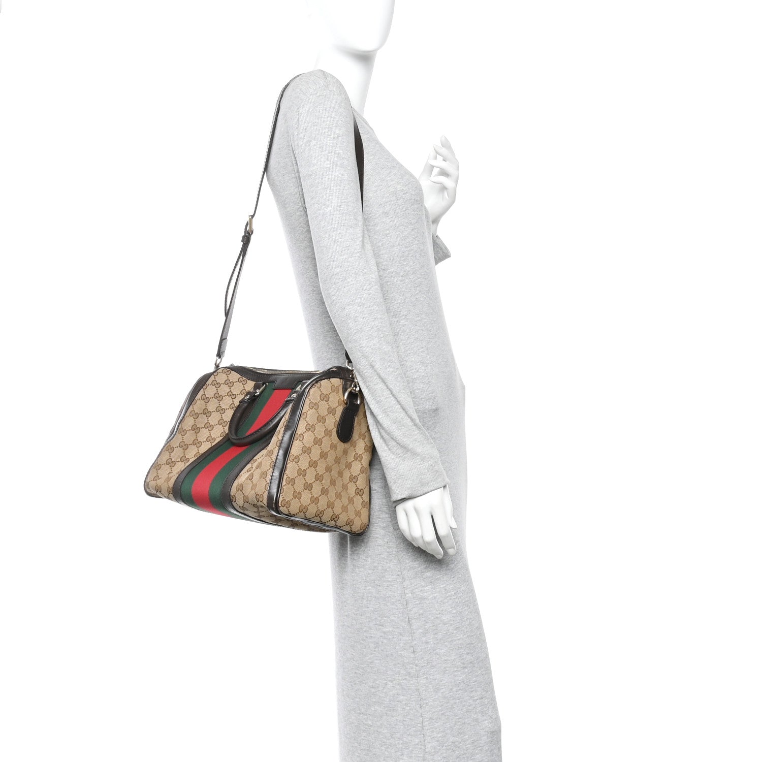 Gucci Monogram Selleria Calfskin Vintage Web Medium Boston Beige Ebony Cocoa 2 of 10