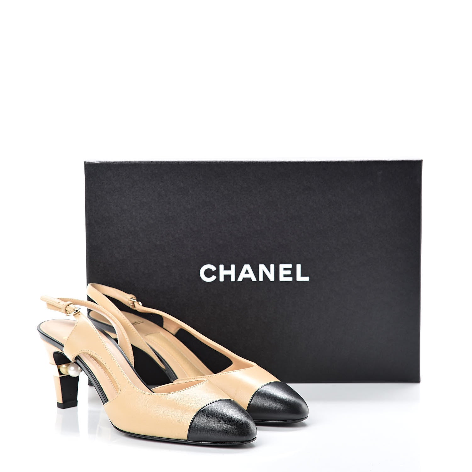 Chanel Lambskin Cap Toe CC Slingback Pumps 37.5 Beige Black 11 of 11