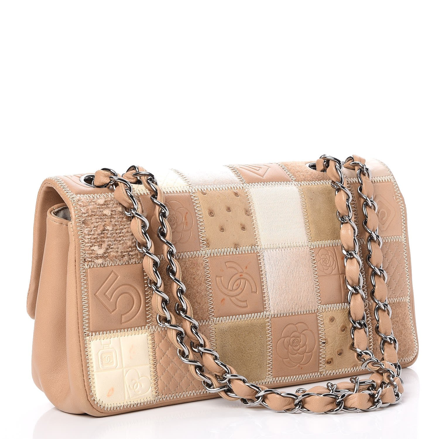 Chanel Lambskin Ostrich Pony Hair Quilted Patchwork Precious Symbols Flap Bag Beige 3 of 11