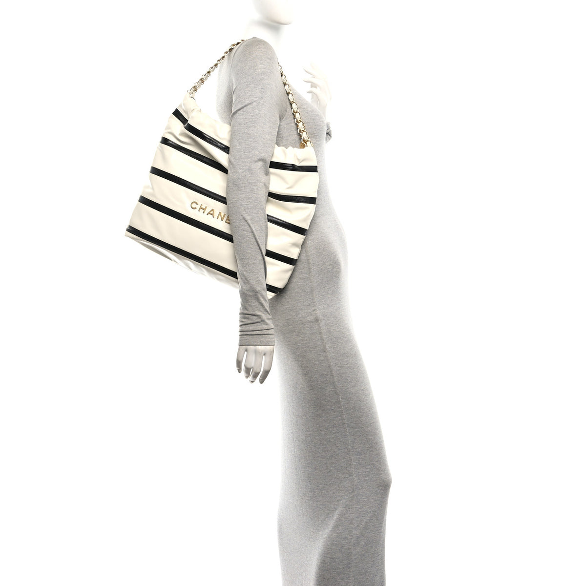 Shiny Calfskin Striped Small Chanel 22 Black White