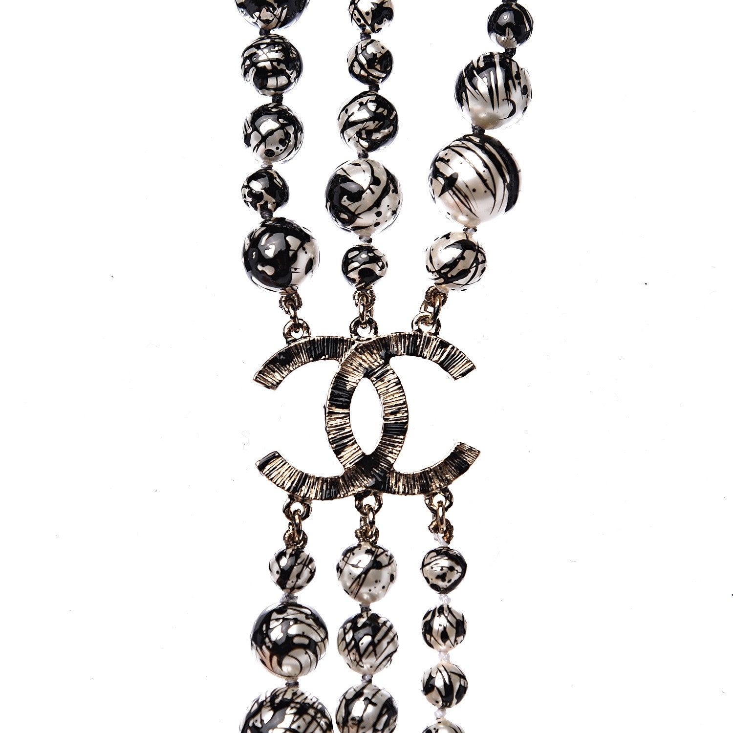 Chanel Pearl CC Graffiti 3 Strand Long Necklace Black Gold 4 of 5