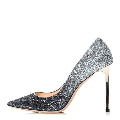 Jimmy Choo Coarse Glitter Degrade Pointy Toe Romy 100 Pumps 39.5 Navy Silver 1 of 7