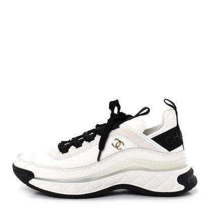 Chanel Velvet Calfskin Mixed Fibers CC Sneakers 38.5 Ivory Black 1 of 11