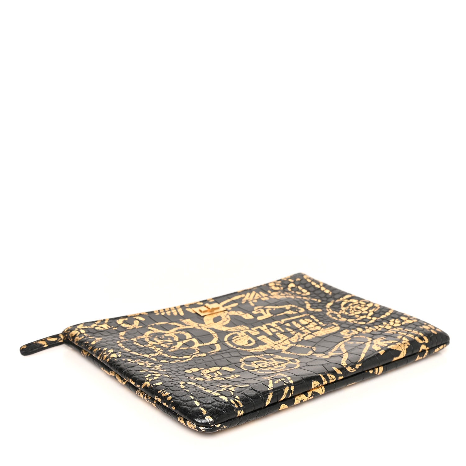 Chanel Calfskin Crocodile Embossed Graffiti 2.55 Medium Cocodile Reissue Cosmetic Case Black Gold 4 of 8