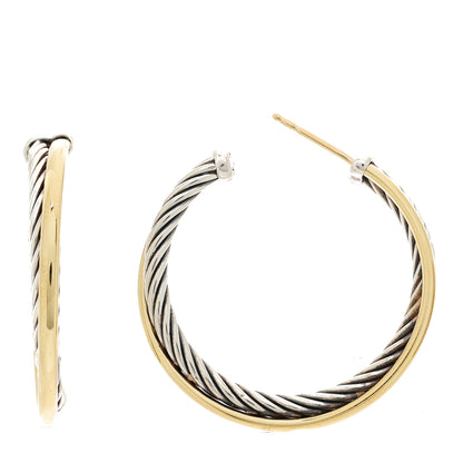 David Yurman Sterling Silver 18K Yellow Gold 31mm Crossover Cable Hoop Earrings 1 of 4