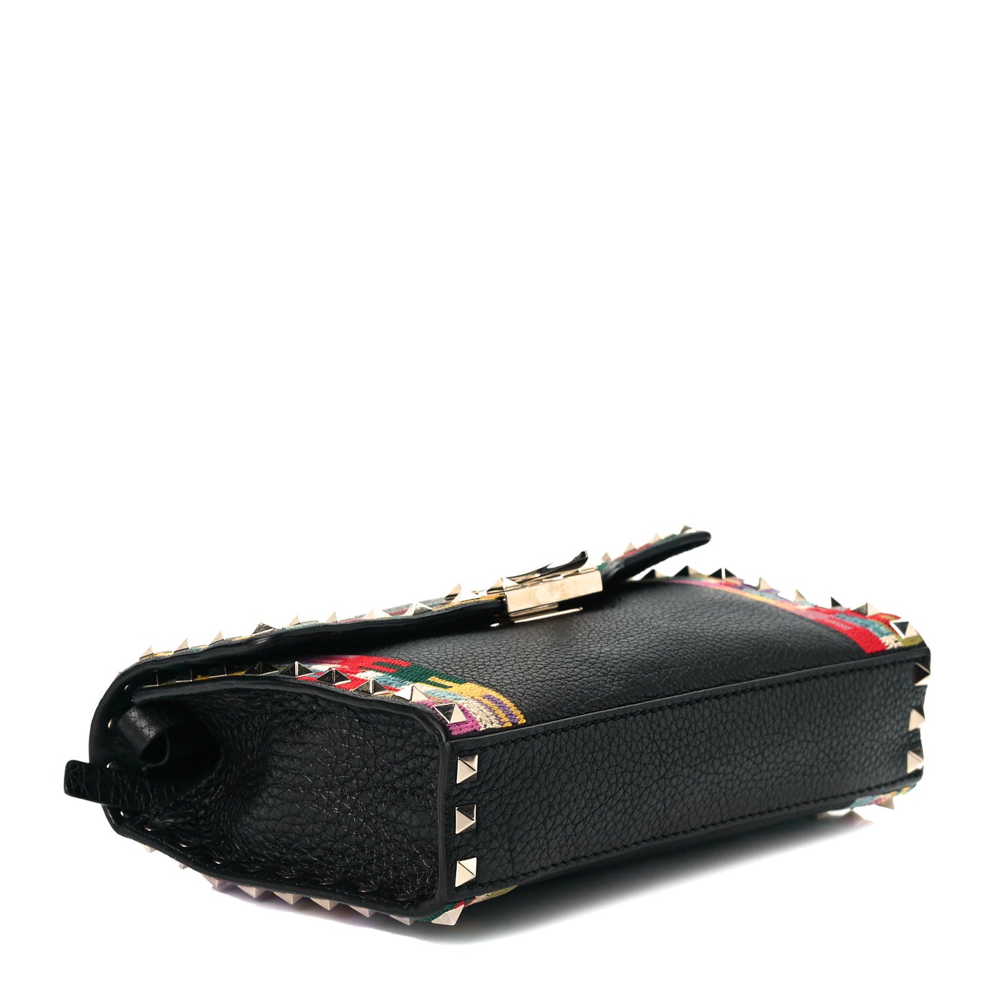 Pebbled Calfskin Embroidered Medium Rockstud Flip Lock Crossbody Bag Black
