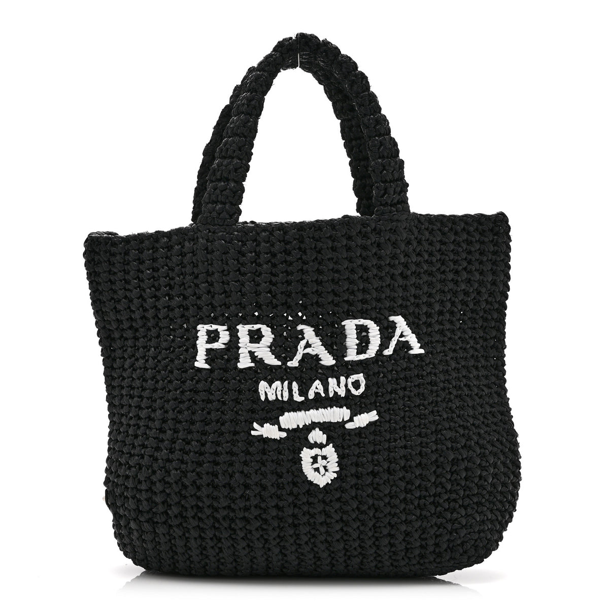 Prada Yarn Raffia Effect Crochet Embroidered Small Logo Tote Black 1 of 10