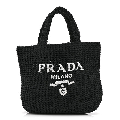 Prada Yarn Raffia Effect Crochet Embroidered Small Logo Tote Black 1 of 10