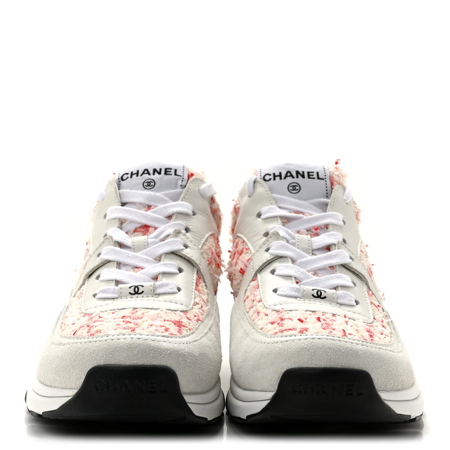 Chanel Tweed Suede Calfskin Womens CC Sneakers 40 Ecru Pink Red White 3 of 9