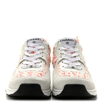 Chanel Tweed Suede Calfskin Womens CC Sneakers 40 Ecru Pink Red White 3 of 9