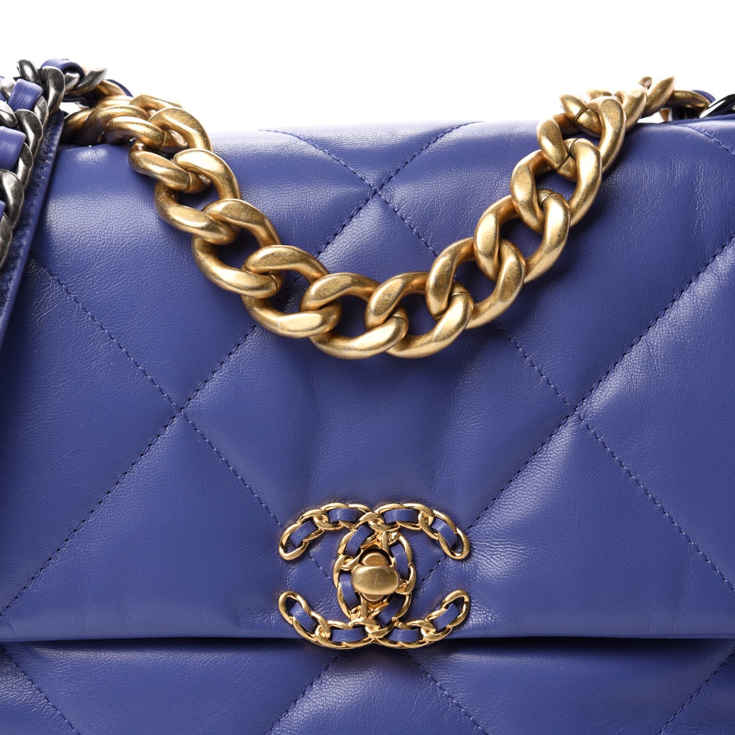 Shiny Goatskin Quilted Large Chanel 19 Flap Blue