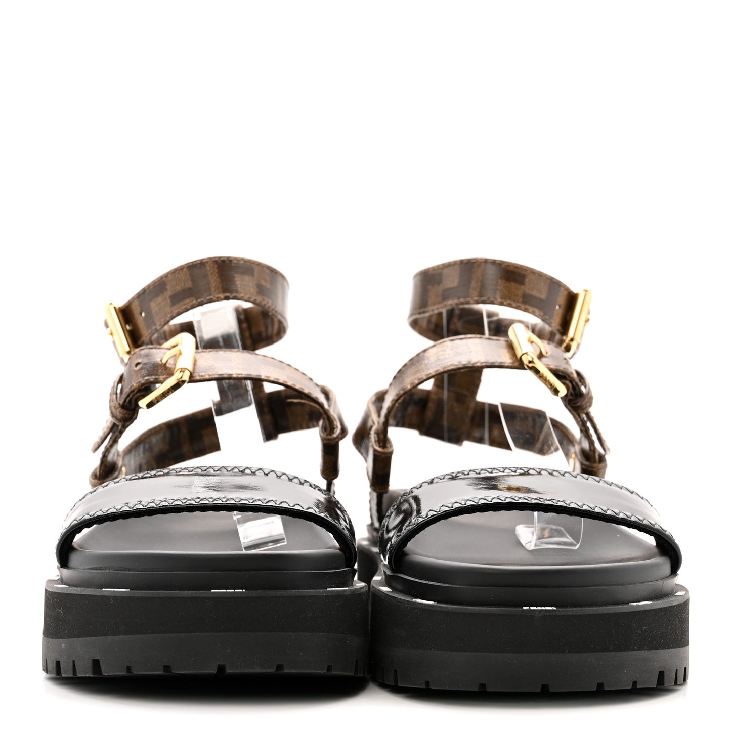 Vernice High-Tech Glazed Fabric FF Lug Sole Platform Sandals 39 Black Tobacco Moro