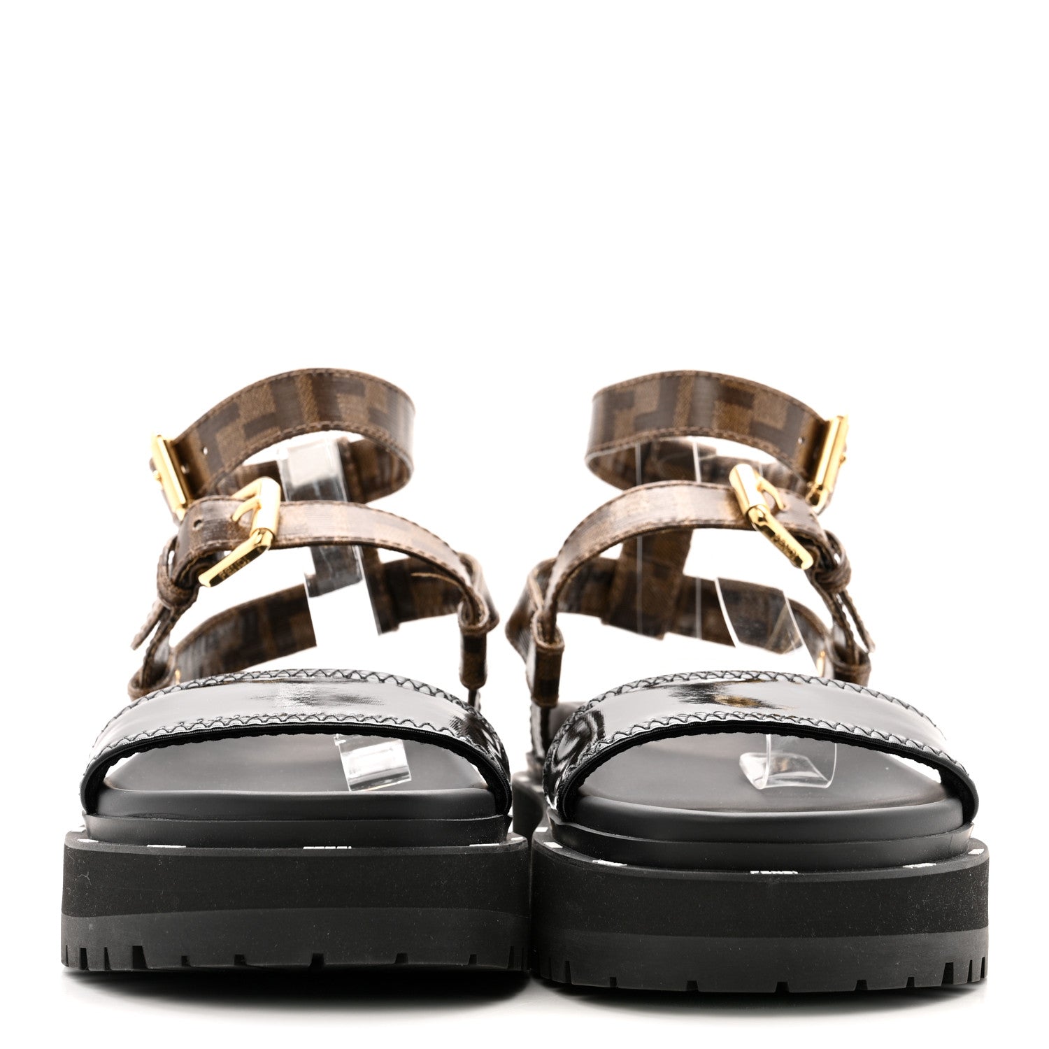 Fendi Vernice High-Tech Glazed Fabric FF Lug Sole Platform Sandals 39 Black Tobacco Moro 3 of 11