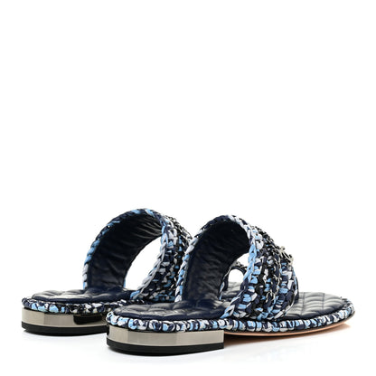 Chanel Raffia Lambskin Woven Chain CC Toe Ring Sandals 38.5 Blue White Navy 4 of 12